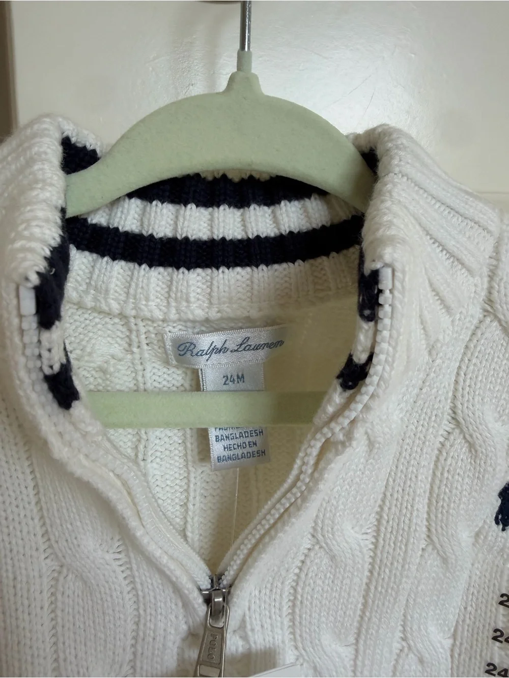 Ralph Lauren White Cable-Knit Half-Zip Turtleneck Sweater with Navy Pony